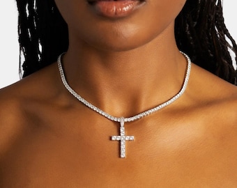 Diamond Cross & 3mm Tennis Chain Set, Iced CZ Pendant Gift for Her, Christian Jewelry Bundle, Women’s Bling Necklace, Faith Jewelry Gift