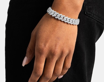 12mm Prong Cuban Bracelet White Gold, Iced Out Diamond Link Gift for Her, Hip Hop Bling Jewelry, Womens Cuban Chain Bracelet, Christmas Gift