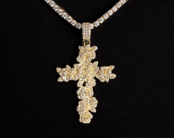 Diamond Rose Cross Pendant, Iced Out Religious Necklace for Him, Hip Hop Jewelry, Jesus Cross Bling Pendant, Gift for Boyfriend