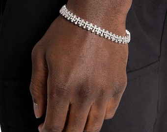 Cross Bracelet White Gold, CZ Iced Out Hip Hop Jewelry, Gift for Him, Steel Religious Bling Bracelet, Christian Men’s Wrist Chain
