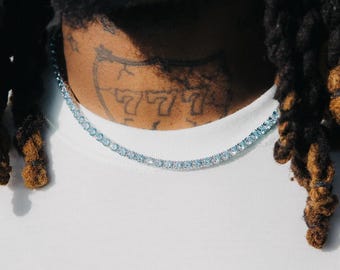 5mm Blue Tennis Chain White Gold, Aquamarine CZ Iced Out Necklace for Him or Her, Hip Hop Jewelry