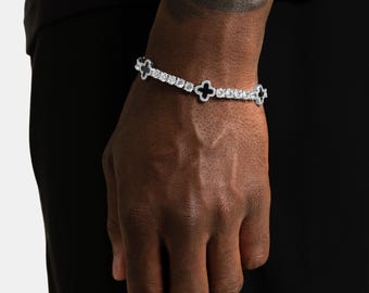 Black Clover Tennis Bracelet White Gold, Iced Out CZ Bracelet for Her or Him, Gift for Girlfriend, Hip Hop Jewelry, Unique Birthday Gift