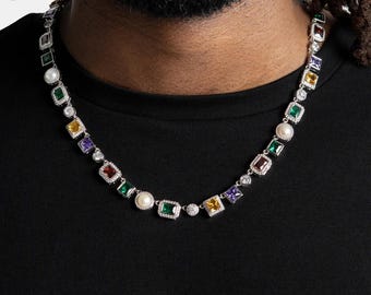 Multi Gemstone Chain, Colorful Diamond Necklace for Him, Bling Hip Hop Jewelry Gift, Rainbow Cuban Chain, Birthday Gift