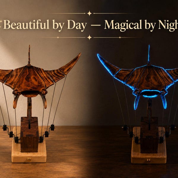 Glow in the Dark Flying Manta Ray Wooden Automaton | Handmade Kinetic Sculpture | Ocean Decor Gift | Motorized Wood Marine Beach House Art