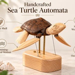 May include: A wooden sea turtle automata featuring a dark walnut shell and light wood head and flippers. The turtle is mounted on a light wood base with metal support rods. Text reads: Handcrafted Sea Turtle Automata, Walnut Shell, Natural Wood Craft, Swimming-Inspired Motion, Ocean Lover Gift.