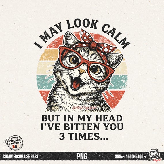 Funny Cat PNG, I May Look Calm Animal Meme, Retro Sarcastic Kitten Sublimation Digital Design