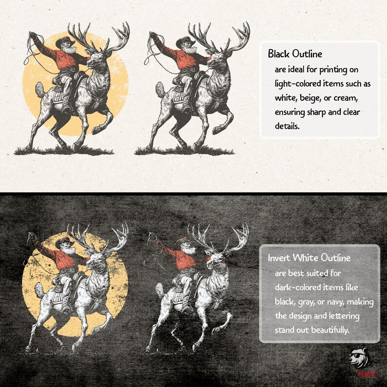 Western Christmas Cowboy Santa Clipart, Vintage Rodeo Reindeer T-shirt Design, Distressed Farmhouse Christmas PNG SVG, Retro Engraving Style Digital Download, Rustic Outlaw Santa Sublimation, Unique Holiday Graphic Tee File, Engraved Reindeer Rider Art, Muted Color Retro Christmas Print, Christmas Shirt Maker Resource, Cowboy Santa Riding Elk Drawing.
