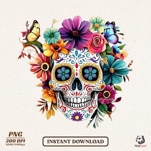Sugar Skull Floral PNG file for Sublimation, Clipart, and Craft Projects. Vibrant Day of the Dead (Dia de los Muertos) Mexican skull art featuring colorful flowers. High-resolution digital download for T-shirts, mugs, and Halloween designs.