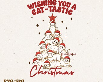 Cat Christmas Tree SVG PNG, Funny Cat-Tastic Retro Xmas Vintage Sublimation Design