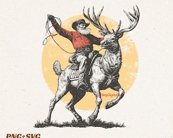 Vintage Cowboy Santa PNG SVG, Western Christmas T-shirt Design, Retro Rodeo Reindeer Clipart