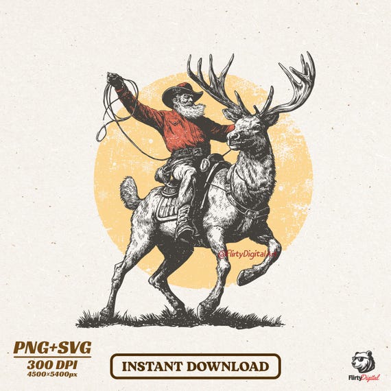 Vintage Cowboy Santa PNG SVG, Western Christmas T-shirt Design, Retro Rodeo Reindeer Clipart