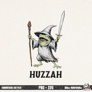Puede incluir: Ilustración caprichosa de una rana verde vestida de mago, con sombrero puntiagudo y túnica, sosteniendo un bastón y una espada. La palabra "Huzzah" está impresa debajo. Archivo digital.