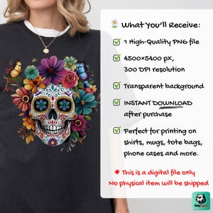 Sugar Skull Floral PNG file for Sublimation, Clipart, and Craft Projects. Vibrant Day of the Dead (Dia de los Muertos) Mexican skull art featuring colorful flowers. High-resolution digital download for T-shirts, mugs, and Halloween designs.