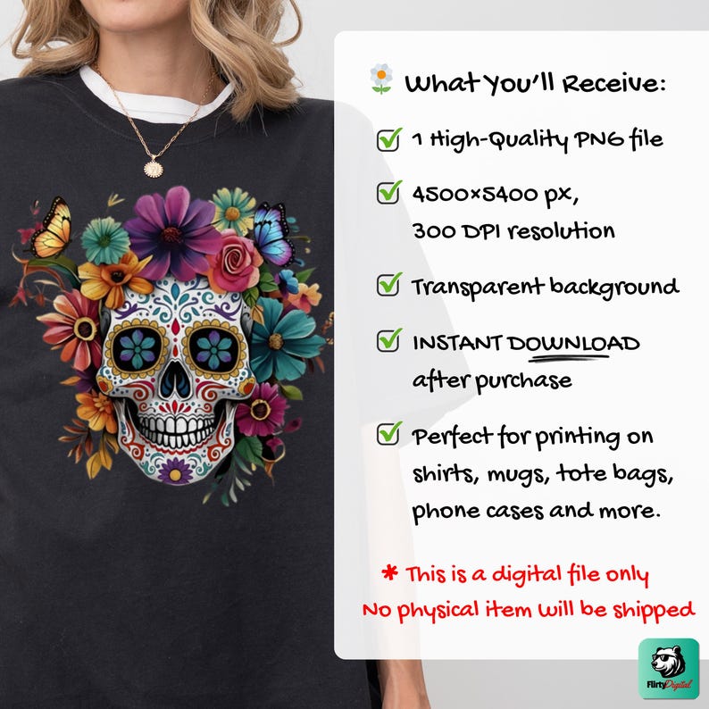 Sugar Skull Floral PNG file for Sublimation, Clipart, and Craft Projects. Vibrant Day of the Dead (Dia de los Muertos) Mexican skull art featuring colorful flowers. High-resolution digital download for T-shirts, mugs, and Halloween designs.