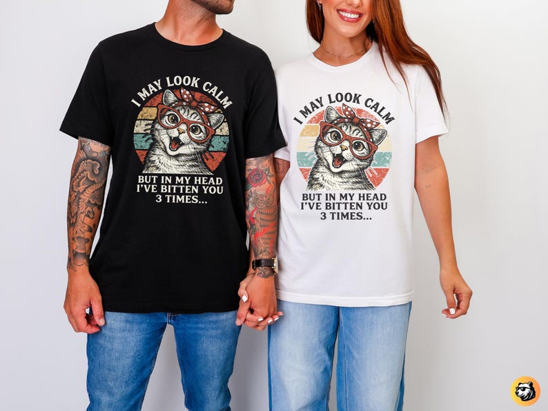 funny cat quote png, i may look calm meme, sarcastic cat mom gift, retro sunset cat art, sassy kitten sublimation, vintage cat with glasses, cat wearing bandana png, humorous feline digital download, crazy cat lady design, animal meme graphics