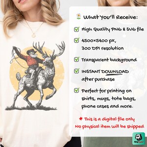 Western Christmas Cowboy Santa Clipart, Vintage Rodeo Reindeer T-shirt Design, Distressed Farmhouse Christmas PNG SVG, Retro Engraving Style Digital Download, Rustic Outlaw Santa Sublimation, Unique Holiday Graphic Tee File, Engraved Reindeer Rider Art, Muted Color Retro Christmas Print, Christmas Shirt Maker Resource, Cowboy Santa Riding Elk Drawing.