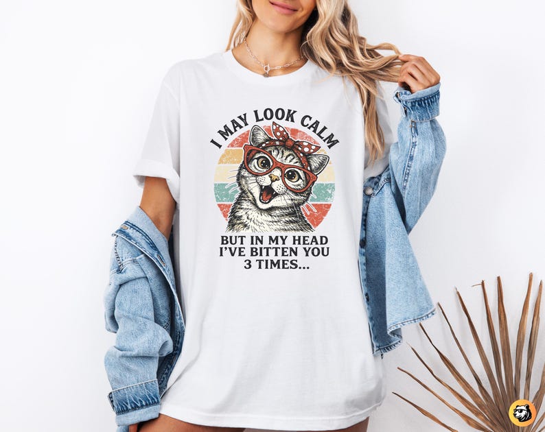 funny cat quote png, i may look calm meme, sarcastic cat mom gift, retro sunset cat art, sassy kitten sublimation, vintage cat with glasses, cat wearing bandana png, humorous feline digital download, crazy cat lady design, animal meme graphics