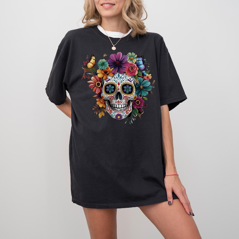 Sugar Skull Floral PNG file for Sublimation, Clipart, and Craft Projects. Vibrant Day of the Dead (Dia de los Muertos) Mexican skull art featuring colorful flowers. High-resolution digital download for T-shirts, mugs, and Halloween designs.