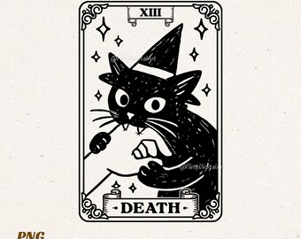 Funny Witch Black Cat Tarot Death PNG, Spooky Halloween Gothic Cat Meme Sublimation Design