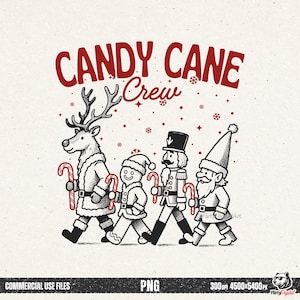 Puede incluir: Ilustración en blanco y negro del "Candy Cane Crew" caminando en fila. El equipo incluye un reno, un hombre de jengibre, un cascanueces y Papá Noel, cada uno sosteniendo un bastón de caramelo. El texto rojo en la parte superior dice "CANDY CANE Crew".