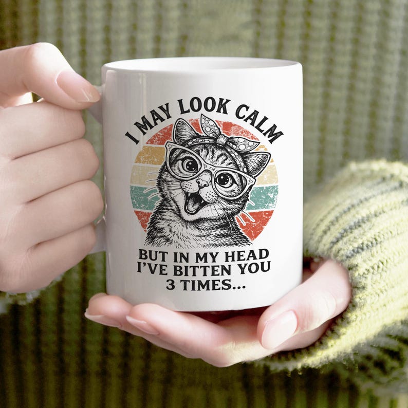 funny cat quote png, i may look calm meme, sarcastic cat mom gift, retro sunset cat art, sassy kitten sublimation, vintage cat with glasses, cat wearing bandana png, humorous feline digital download, crazy cat lady design, animal meme graphics