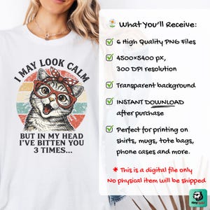funny cat quote png, i may look calm meme, sarcastic cat mom gift, retro sunset cat art, sassy kitten sublimation, vintage cat with glasses, cat wearing bandana png, humorous feline digital download, crazy cat lady design, animal meme graphics