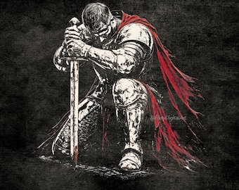 Puede incluir: Ilustración digital de un caballero arrodillado, con la cabeza inclinada, con una espada. El caballero está vestido con una armadura plateada detallada y una capa roja. El fondo es un gris oscuro texturizado. Texto en la parte inferior: "COMMERCIAL USE FILES" y "PNG".