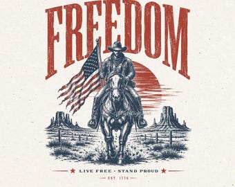 Freedom Cowboy PNG, Patriotic Western 4th Of July Semiquincentennial 1776 Retro Sublimation Design
