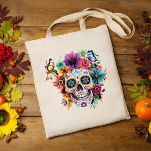 Sugar Skull Floral PNG file for Sublimation, Clipart, and Craft Projects. Vibrant Day of the Dead (Dia de los Muertos) Mexican skull art featuring colorful flowers. High-resolution digital download for T-shirts, mugs, and Halloween designs.
