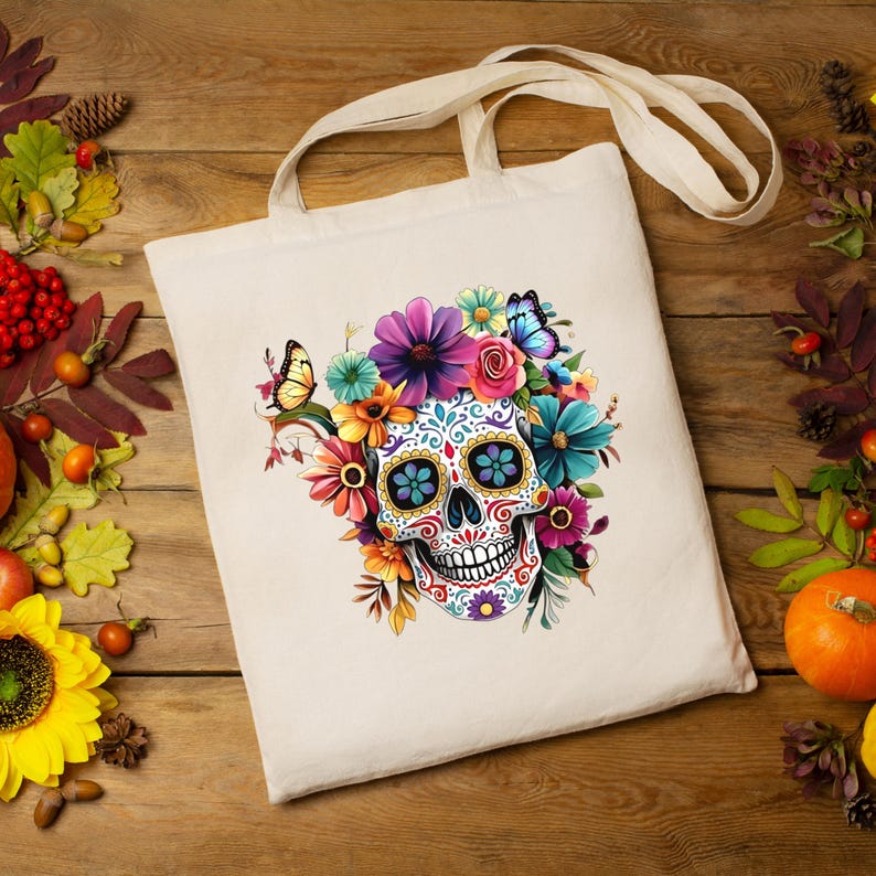 Sugar Skull Floral PNG file for Sublimation, Clipart, and Craft Projects. Vibrant Day of the Dead (Dia de los Muertos) Mexican skull art featuring colorful flowers. High-resolution digital download for T-shirts, mugs, and Halloween designs.