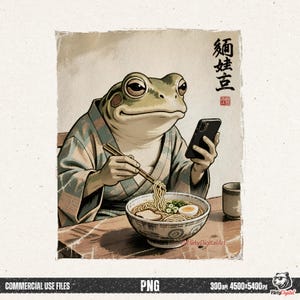 Puede incluir: Ilustración de una rana con kimono usando un teléfono inteligente mientras come ramen. La rana sostiene palillos chinos y el cuenco de ramen tiene fideos, huevo y cebolletas. Texto japonés encima de la rana.