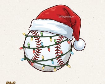 May include: A baseball with red stitching, wearing a red Santa hat with a white trim and pom-pom. The baseball is wrapped in a string of colorful Christmas lights. The image includes the text "INSTANT DOWNLOAD".
