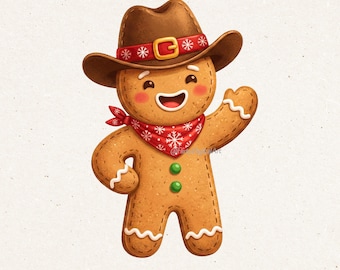 May include: A gingerbread man illustration wearing a brown cowboy hat with a red band and a gold buckle. The gingerbread man has a red bandana with snowflake patterns and green buttons. The image has the text "COMMERCIAL USE FILES" and "PNG".