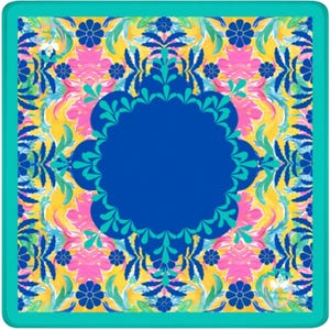 May include: A square, colorful floral design with a teal border. The pattern features a vibrant mix of yellow, pink, and blue hues, with a central blue shape. The design includes stylized flowers and leaf patterns.