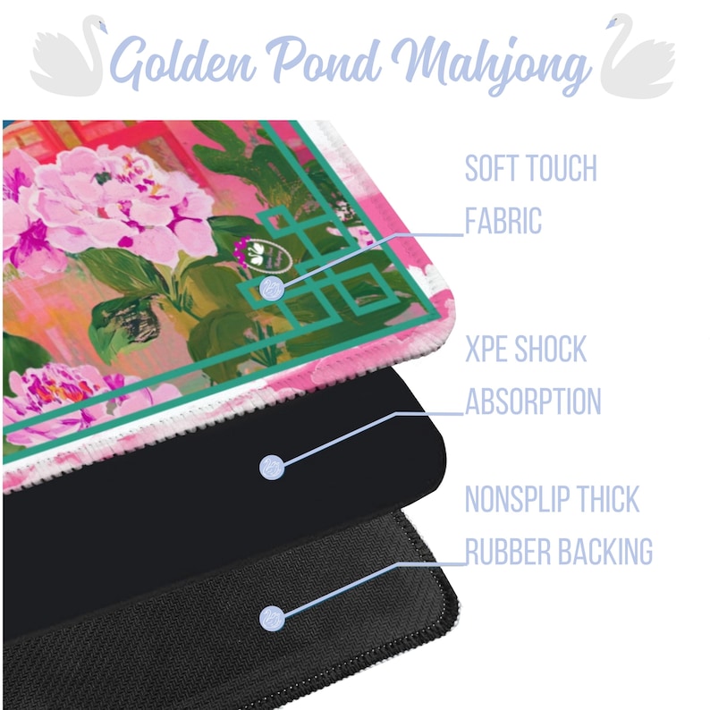 May include: A layered product with a floral design, featuring pink peonies and green accents. The top layer is fabric, followed by XPE shock absorption, and a non-slip rubber backing. The text "Golden Pond Mahjong" is at the top.