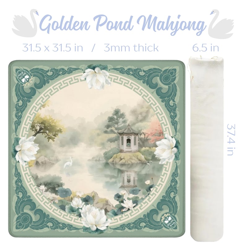 May include: A square mahjong mat with a serene pond scene, featuring a pagoda and white flowers, framed by a teal border. The mat measures 31.5 x 31.5 inches and is 3mm thick. A matching white, rolled-up mat is also shown, measuring 6.5 inches in diameter and 37.4 inches long. The text "Golden Pond Mahjong" is at the top.