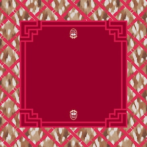May include: A decorative square design with a deep red center, framed by a lighter red border with geometric corners. The background features a brown and white spotted pattern overlaid with a red lattice design. Small white floral crests are in the center.