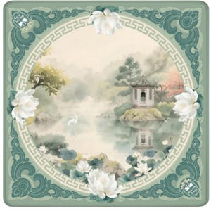 May include: Square scarf with a serene watercolor scene. The design features a tranquil lake with a pagoda, white flowers, and a white bird. The border is a teal green with decorative elements and a repeating pattern.