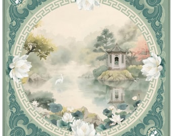 Inner Peace Watercolor Mahjong Mat with Pagoda, Lotus, and Lily Pads