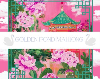 Kyoto Mahjong Mat with Peonies, Clouds and Pagoda