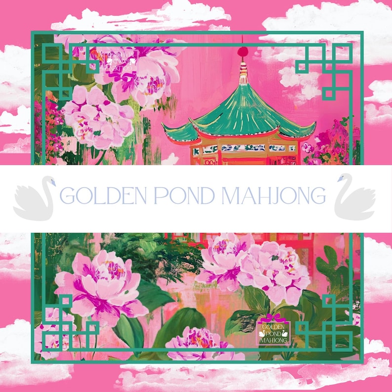 Kyoto Mahjong Mat with Peonies, Clouds and Pagoda image 1
