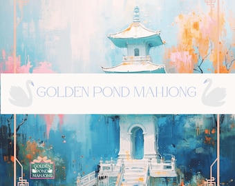 Watercolor Mahjong Mat with Pagoda and Japanese Maples