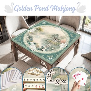 May include: A wooden mahjong table with a green and white landscape design. The table has a decorative border and is surrounded by chairs. The image also shows mahjong tiles, dominoes, and playing cards. The text "Golden Pond Mahjong" is at the top.