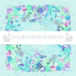 May include: A square, aquatic-themed design with the text "GOLDEN POND MAHJONG". The design features a variety of colorful fish, coral, and other sea life in shades of blue, green, purple, and pink. Two white swan silhouettes are on either side of the text.