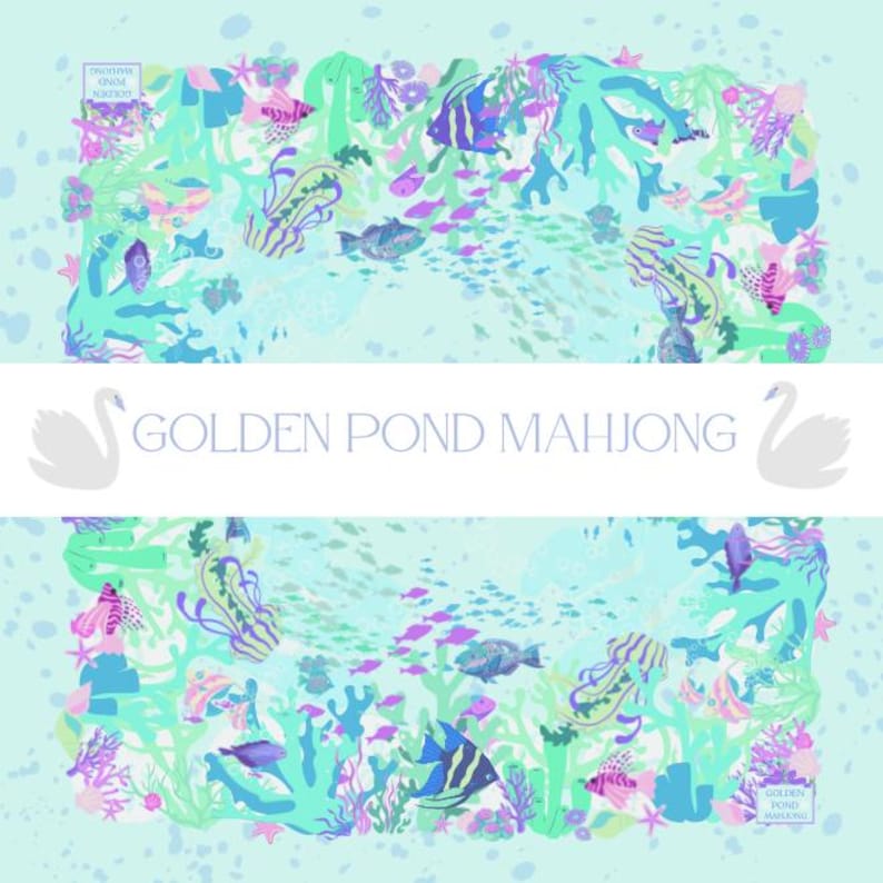 May include: A square, aquatic-themed design with the text "GOLDEN POND MAHJONG". The design features a variety of colorful fish, coral, and other sea life in shades of blue, green, purple, and pink. Two white swan silhouettes are on either side of the text.