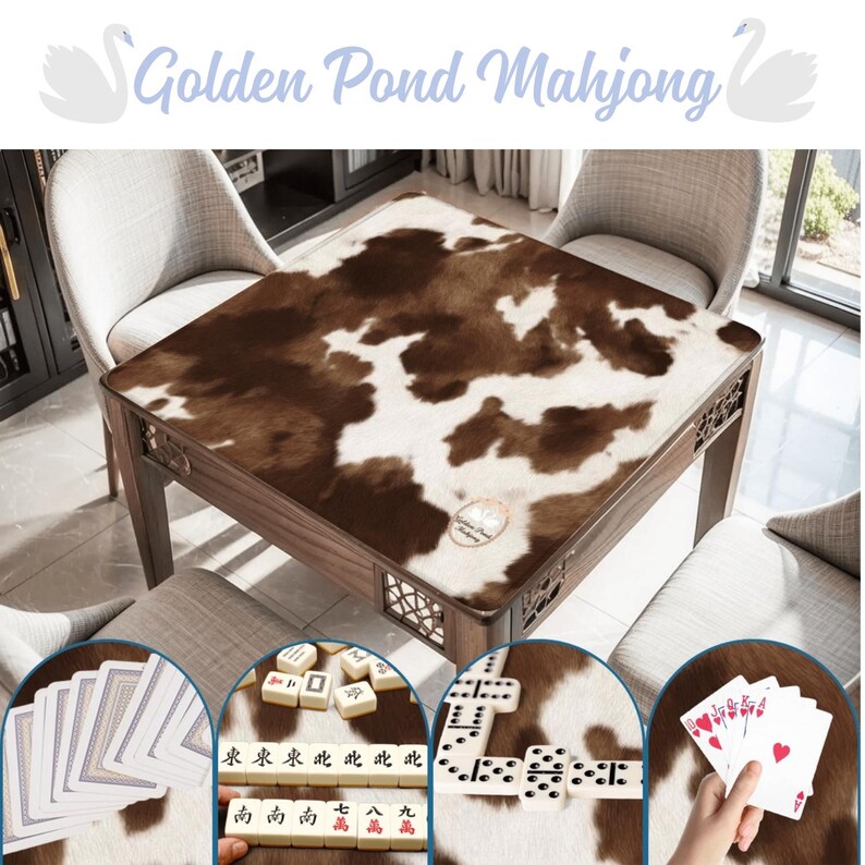 May include: A wooden Mahjong table with a brown and white cowhide pattern top. The table is surrounded by chairs. The image includes close-ups of Mahjong tiles, dominoes, and playing cards. The text "Golden Pond Mahjong" is at the top.