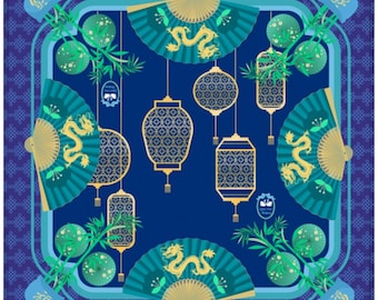 May include: Square scarf with a blue background featuring teal fans with gold dragons, hanging lanterns, and green bamboo. The border has a repeating knot pattern and Chinese characters.