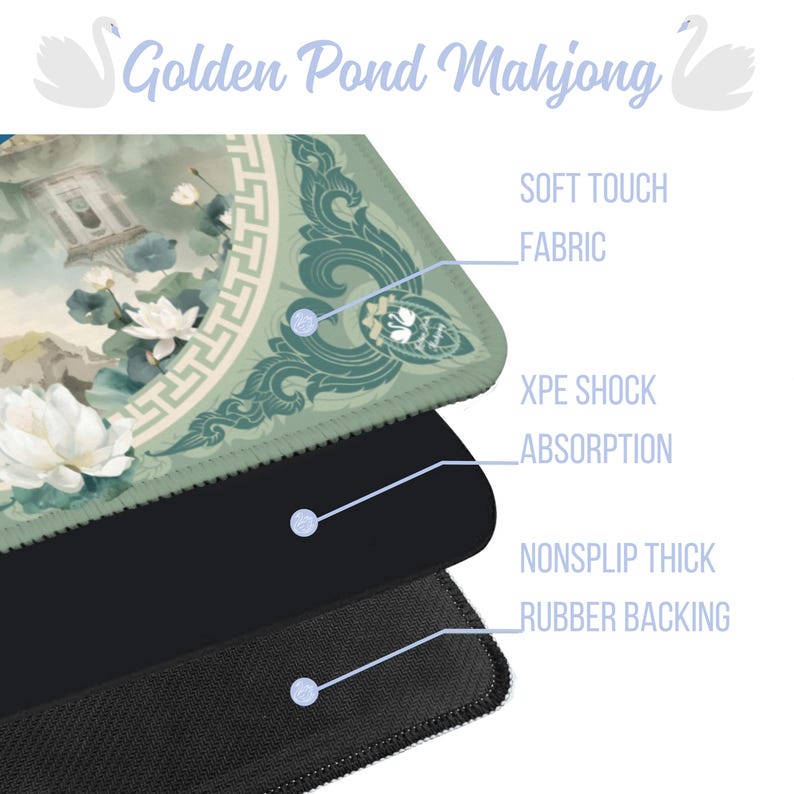 May include: A layered mousepad with a Golden Pond Mahjong design. The top layer features a detailed illustration with white lotus flowers and a pagoda. The middle layer is black, and the bottom layer is a non-slip rubber backing.
