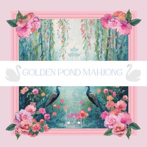 May include: A pink and teal decorative game board with the text "GOLDEN POND MAHJONG". The board features a painting of a pond with two peacocks, flowers, and a pagoda. Pink floral accents frame the artwork.