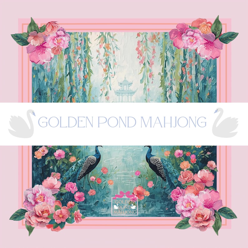 May include: A pink and teal decorative game board with the text "GOLDEN POND MAHJONG". The board features a painting of a pond with two peacocks, flowers, and a pagoda. Pink floral accents frame the artwork.